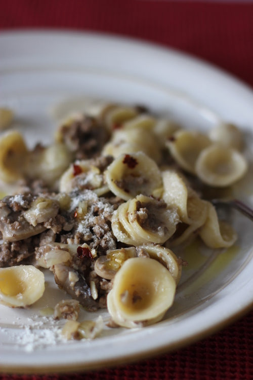 Orecchiette with Mushrooms, Meat Sauce and Hot Pepper Oil (with Allergen-Free Version)