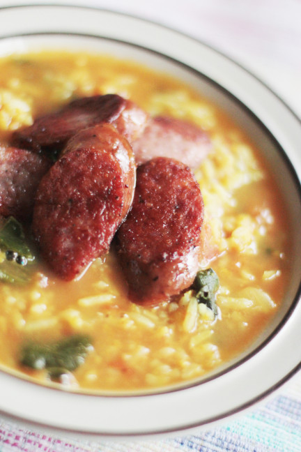 Sausage on Curried Lentils and Rice